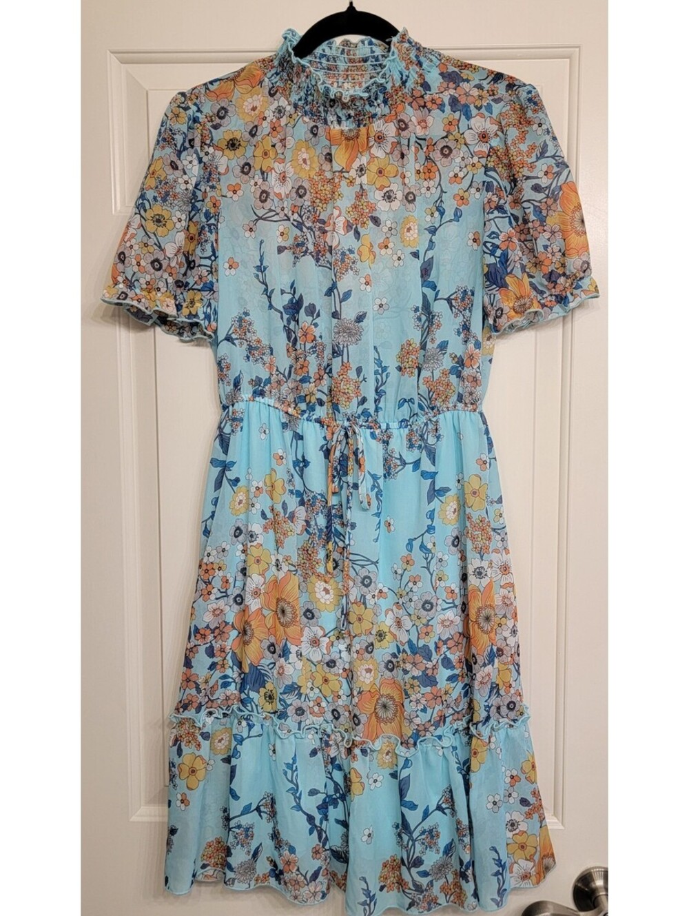 Blue Floral Knee Length Dress Elastic Waist Size 8 Boho Flowy Cottagecore